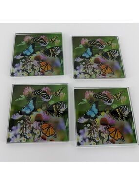 Set of Four Butterfly Print Square Glass Coasters